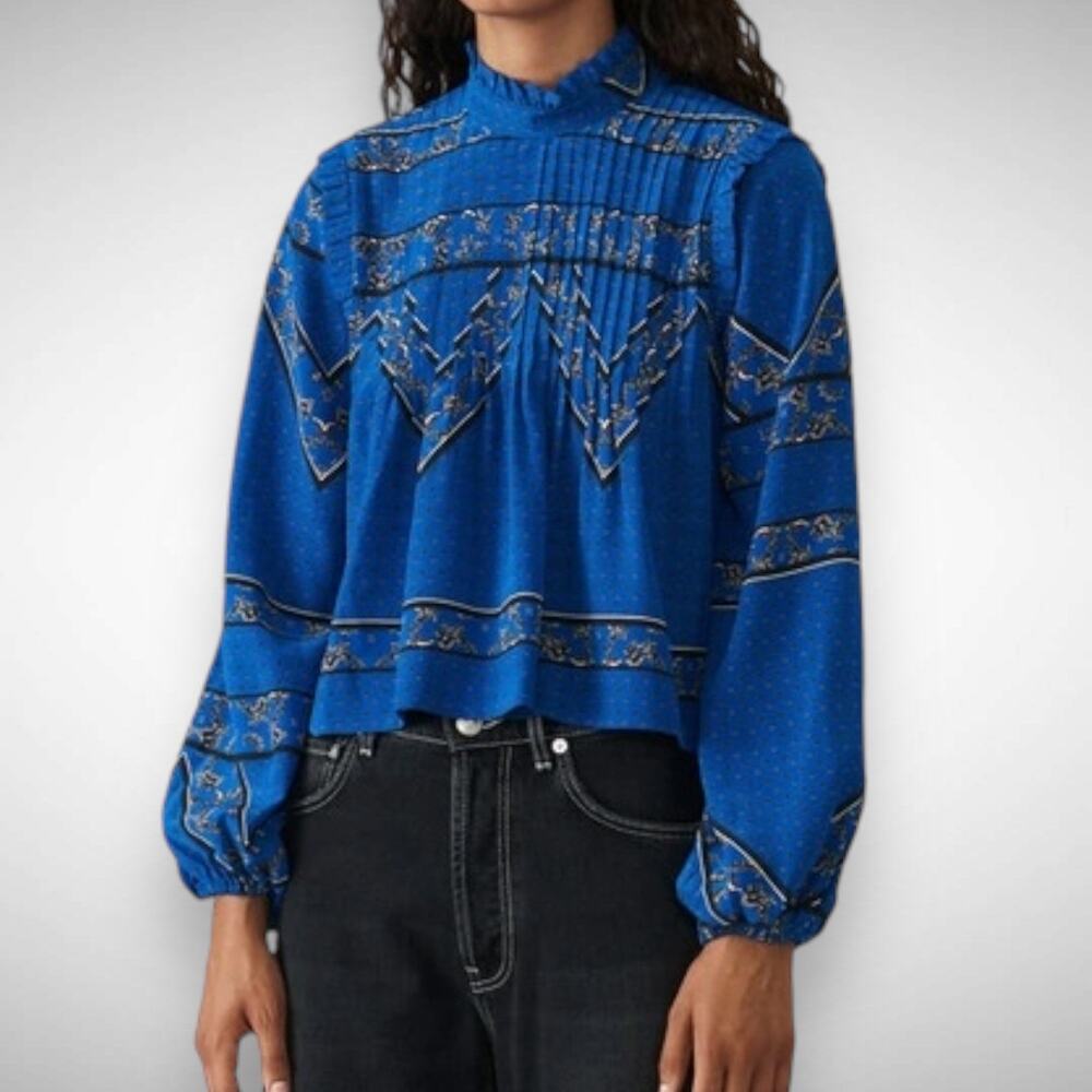 Ganni Cloverdale 100% Silk Blue Blouse Top Size US 0 EU 32 Women's Sandwashed